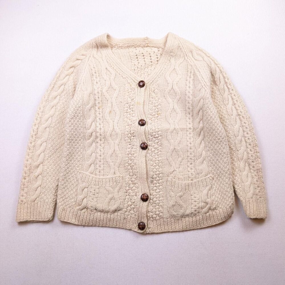 Vintage Wool Cable Knit Cream Sweater Button Up Cardigan Hand Knit Size Small